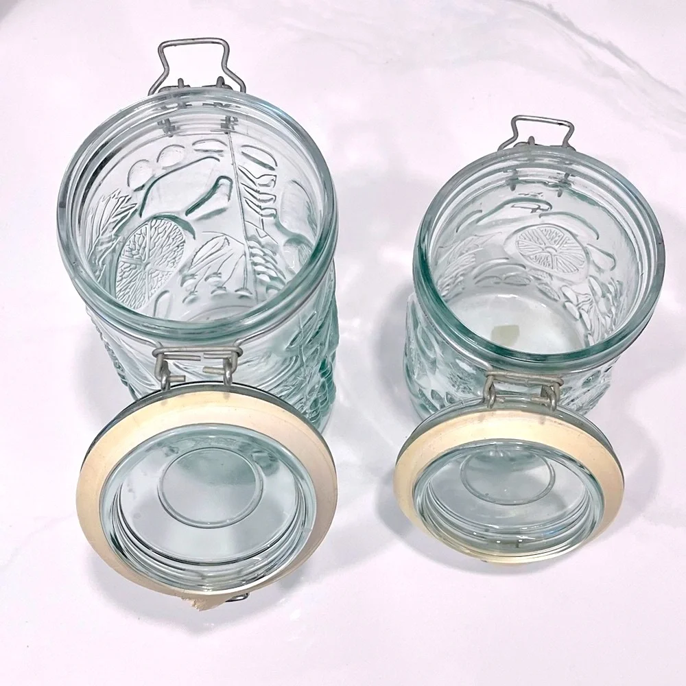 Vintage Embossed Fuit Pattern Glass Canister Set with Wire Bale Hinges, Set of 2